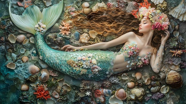 A serene mermaid surrounded by shells and coral in an underwater scene.