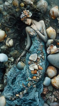 A serene mermaid rests among shells in a tranquil underwater scene.