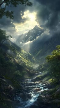 A serene mountain landscape with a flowing river and dramatic clouds.