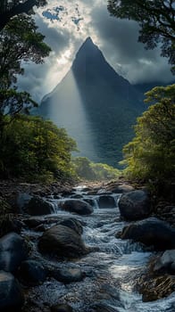 A serene mountain landscape with a stream and dramatic lighting.