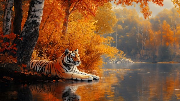 A serene tiger resting by a tranquil autumn lake.