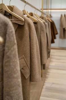 Minimalist closet setup with mocha mousse coats and dresses meticulously arranged on gold hangers. the closet features a serene light oak wood floor, modern elegance and style in home interior design.