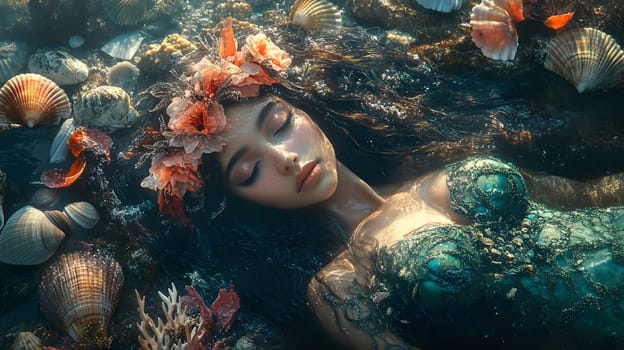 A serene underwater scene featuring a mermaid surrounded by shells.