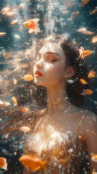 A serene underwater scene featuring a woman surrounded by goldfish.
