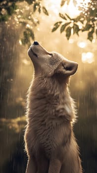 A serene wolf gazes upward in a rain-soaked forest.