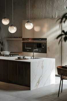 Modern kitchen featuring mocha mousse cabinetry and a striking white marble island. warm pendant lighting complements the sleek stainless steel appliances, creating a stylish and contemporary cooking space ideal for chic home interiors.