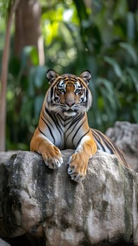 A tiger lounging on a rock in a lush, green environment.