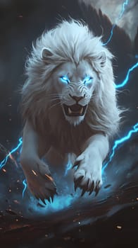 A fierce white lion with glowing blue eyes and lightning effects.