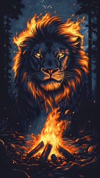 A fiery lion's face emerges above a glowing campfire in a forest.
