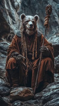 A figure in a bear mask, dressed in rustic attire, holding a staff.
