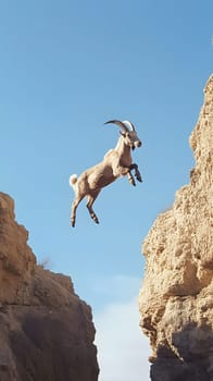 A goat leaping between rocky cliffs against a clear blue sky.