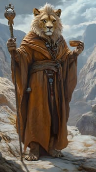 A lion in a robe holding a cup, standing on a rocky landscape.