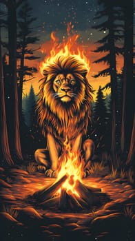 A lion with a fiery mane sits by a campfire in a forested setting.