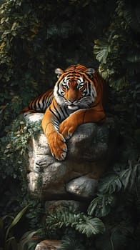A tiger resting on a rock amidst lush greenery.