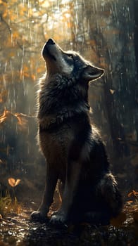 A wolf gazing upward in a misty forest, illuminated by soft light.