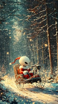 A whimsical character in a Santa outfit rides a bicycle through a snowy forest.