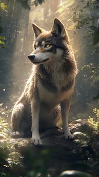 A wolf sits majestically in a sunlit forest, capturing nature's beauty.