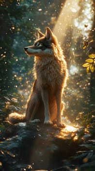 A wolf sits majestically in a sunlit forest, surrounded by sparkles.