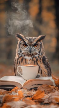 An owl perched on a book with a steaming cup in a fall setting.