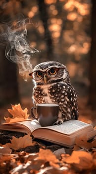 An owl with glasses enjoys a warm drink on an open book.