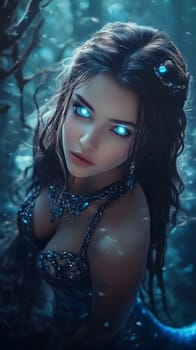 Enigmatic figure with glowing eyes in a mystical underwater setting.