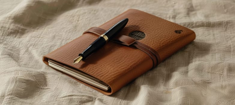 Minimalist mocha mousse leather journal adorned with embossed logo, elegantly styled with a sleek fountain pen. set against a textured beige linen backdrop, this elegant composition is ideal for print design and stationery themes.