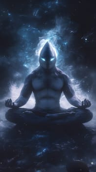 Ethereal figure meditating with glowing features in a cosmic setting.