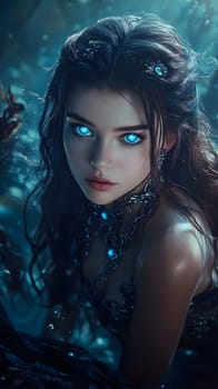 Ethereal underwater figure with glowing eyes and intricate jewelry.