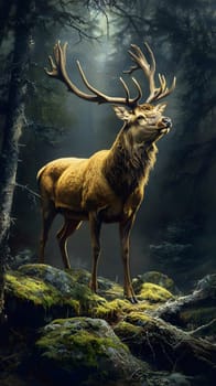 Majestic stag standing in a misty forest, illuminated by soft light.