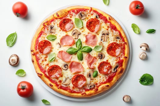 Delicious pizza with pepperoni, mushrooms and vegetables. Traditional universal food. View from above.