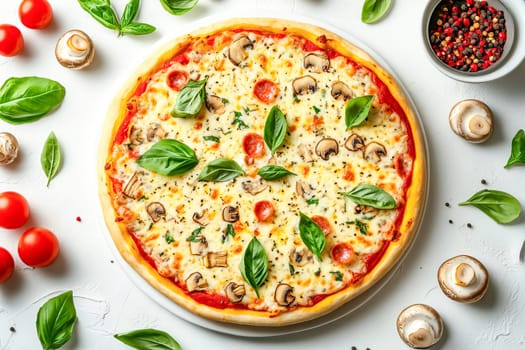 Delicious pizza with pepperoni, mushrooms and vegetables. Traditional universal food. View from above.