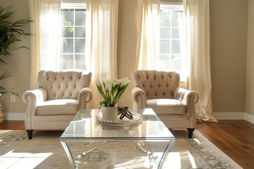 Stylish living room setting with mocha mousse armchairs and a sleek glass coffee table. cream-colored curtains accentuate the space, complemented by natural sunlight. a fresh bouquet adds a touch of elegance and charm.