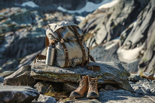 A mocha mousse-toned travel backpack sits on rugged rocky terrain, accompanied by hiking boots and a stainless steel water flask. this setup reflects a passion for outdoor adventure and exploration, ideal for hiking enthusiasts.