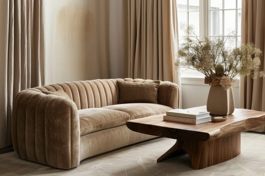 Modern living room featuring a uniquely shaped mocha mousse sofa, complemented by beige curtains and a chic wooden coffee table adorned with vases of fresh flowers, creating a warm and inviting space with natural light.