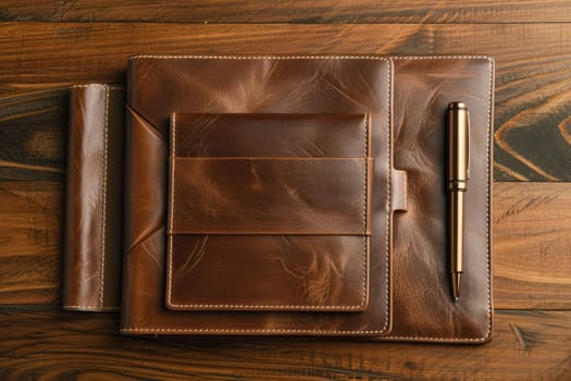 Elegant leather-bound stationery featuring a notebook, pen, and cardholder in rich mocha mousse tones, beautifully arranged on a polished wooden desk. ideal for office decor, featuring premium materials and sophisticated design.