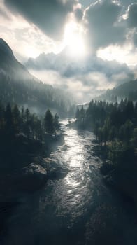 Serene landscape with a river, mountains, and misty atmosphere.