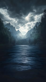 Serene mountain landscape with a reflective river under cloudy skies.
