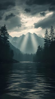 Serene mountain landscape with a river and dramatic sunlight.