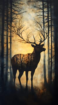 Silhouette of a deer amidst trees at sunset, evoking nature's beauty.