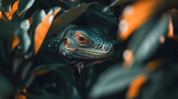 A close-up of a lizard peeking through vibrant green leaves.