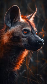 A close-up of a hyena with striking orange eyes in a dark setting.