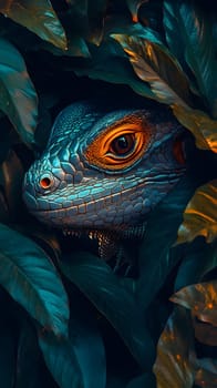A close-up of a lizard's head peeking through lush green leaves.