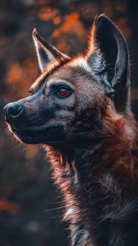 A close-up of a striking dog with glowing eyes in a dark setting.
