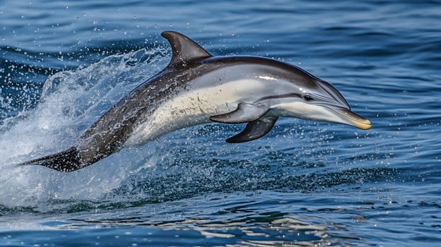 A dolphin leaps gracefully above the ocean surface.