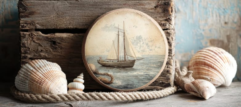 A weathered wooden box displays a circular sticker featuring a vintage nautical design. styled with maritime elements, including ropes and seashells, perfect for adding a seaside touch to decor, crafting, or thematic posters.