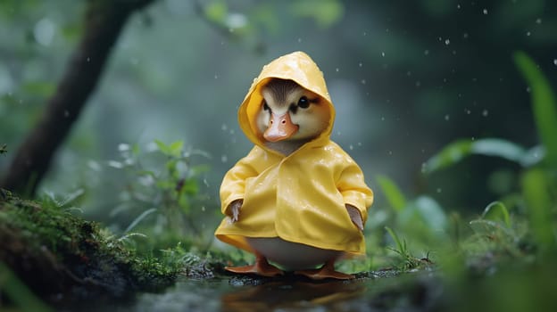 A duckling in a yellow raincoat stands in a lush, rainy environment.