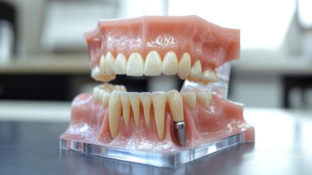 Dental Implant Model Demonstrating Modern Tooth Replacement, Close-Up View on Transparent Stand