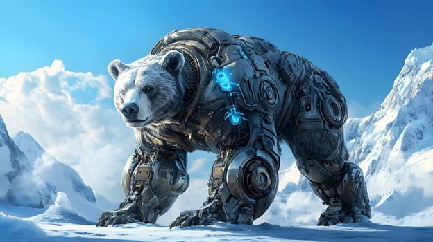 A futuristic robotic bear stands on a snowy landscape.