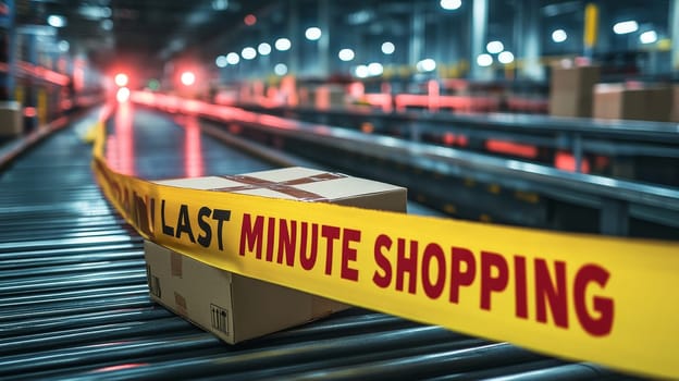 Last Minute Shopping Cardboard Box on Conveyor Belt, Distribution Warehouse, E-Commerce Concept.