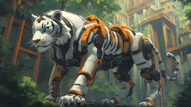 A futuristic robotic tiger in a lush, overgrown urban setting.